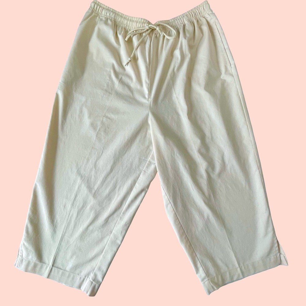 Karen Scott Cream Pull-on Wide-Leg Capri Pants SzL Pockets Elastic Drawstring